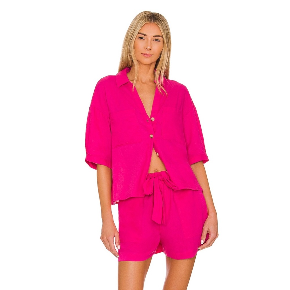 Sanctuary Hot Pink Linen Button-Down Shirt and Shorts Set
